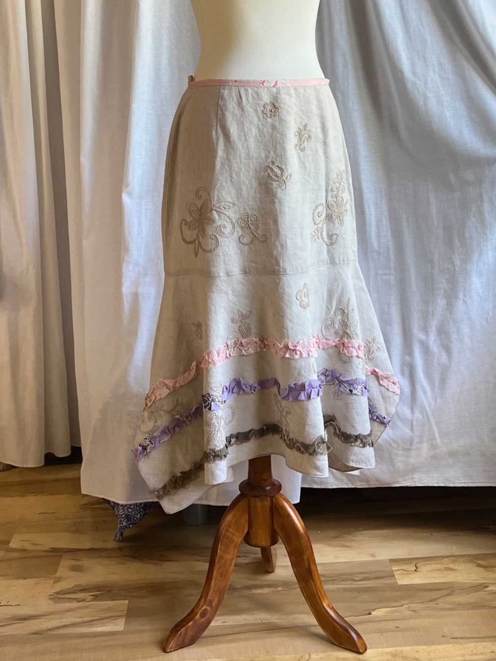 J. Jill Beige Midi Skirt with Pink & Lavender Ruffle Trim